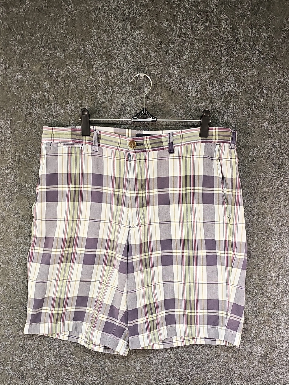 Mens Lands End Flat Front Plaid Shorts, Blue Green White, Size 34